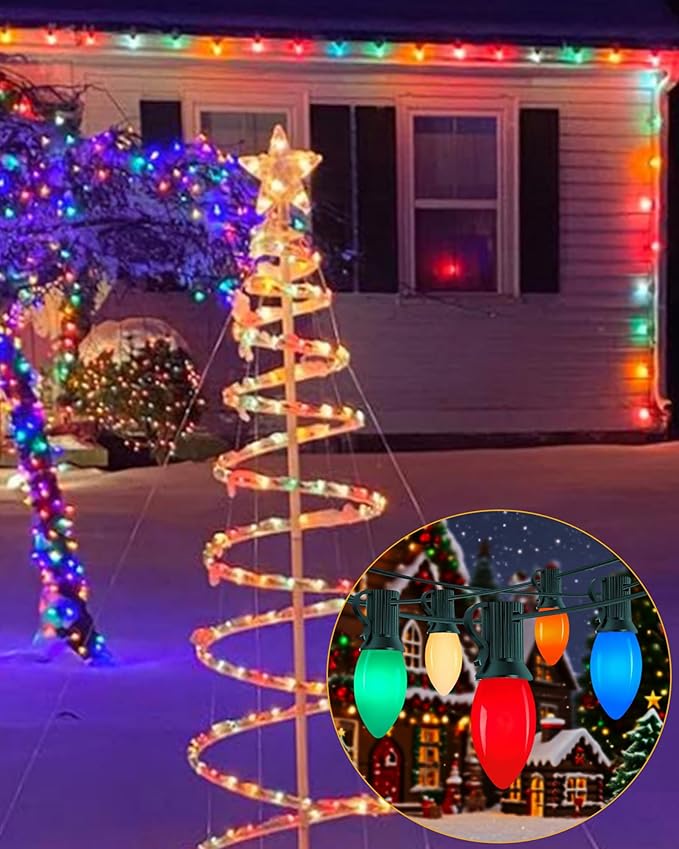 C9 Christmas Light Bulbs 25 Pack, C9 Ceramic Multicolor Replacement Bulb Incandescent Light Bulbs, E17/C9 Intermediate Base Bulb for Patio Outdoor Christmas String Lights, 7 Watts