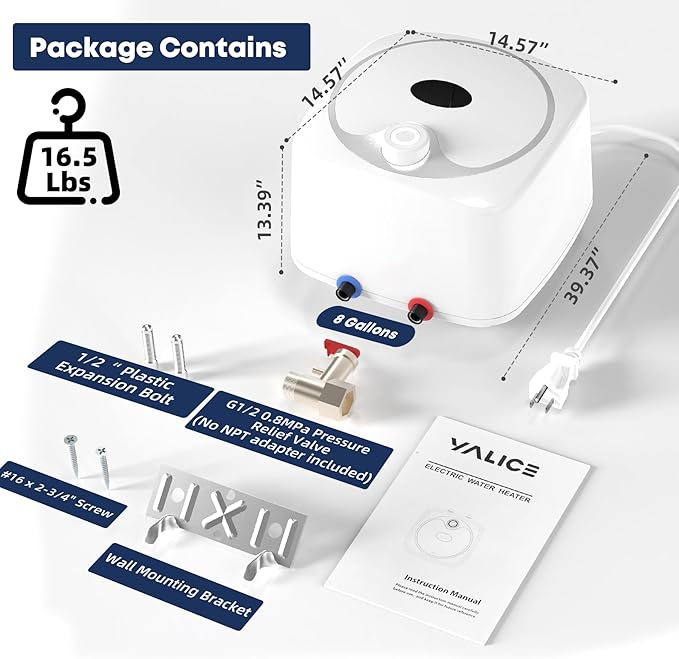 YALICE Electric Tank Water Heater, 2.5 Gallons Under Sink Instant Hot Water Heaters, 1500W, 110-120V, Electric Mini Tank Water Heater Compact Design for RV, Kitchen, Food Truck, Wall or Floor Mounted