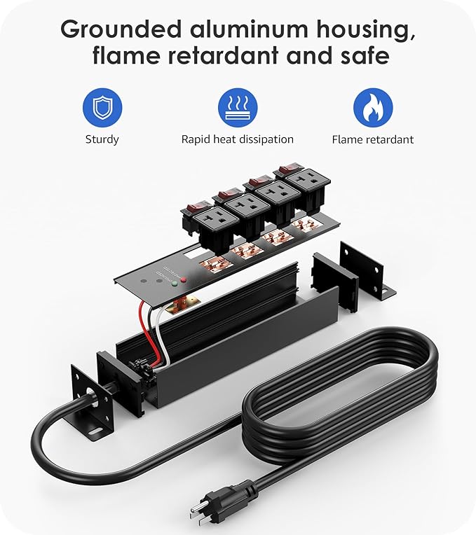 CCCEI Heavy Duty Surge Protector Power Strip 20 Amp Individual Switches. 25FT 12 Gauge Extension Cord with Multiple Outlets. Kitchen, Garage, Shop, Industrial Wall Mount Electric Extender, Black.