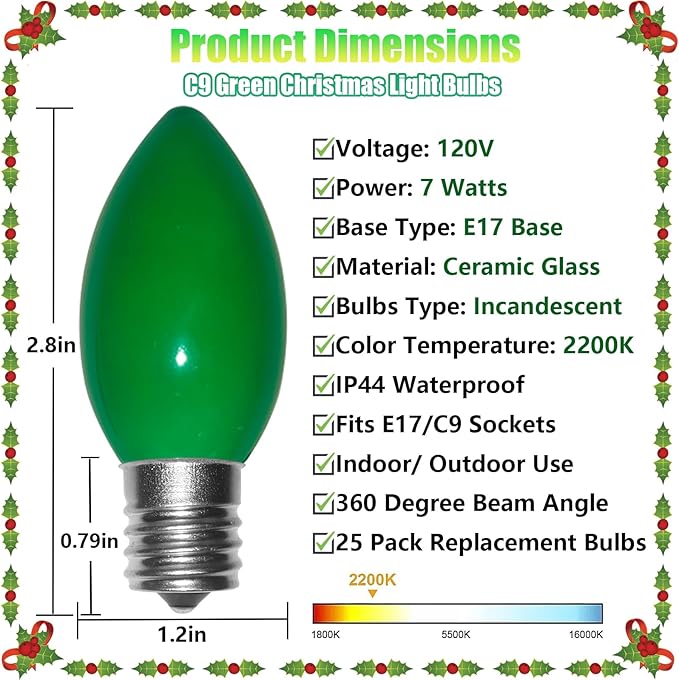 C9 Green Christmas Light Replacement Bulbs, 25 Pack Ceramic Green Incandescent Light Bulbs Vintage Light Bulbs for Outdoor Christmas Lights St Patricks Day Lights, E17 Intermediate Base- 7 Watts