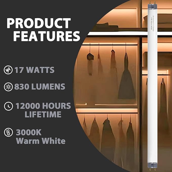 24 inch F17T8/830 17 Watts Light Bulb Warm White, 2 Foot Straight Fluorescent Tube T8 Tube Light F17T8/WW, 1500 Lumen G13 Medium Bi-Pin Cap 8 Pack