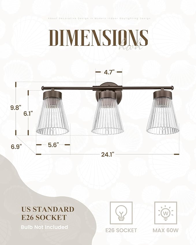 Bathroom Vanity Light Fixture, HWH 3-Light Farmhouse Vanity Lights Over Mirror Bathroom Lighting Fixtures with Clear Striped Glass Shade, Oil-Rubbed Bronze Finish, 5HZG97B-3W ORB