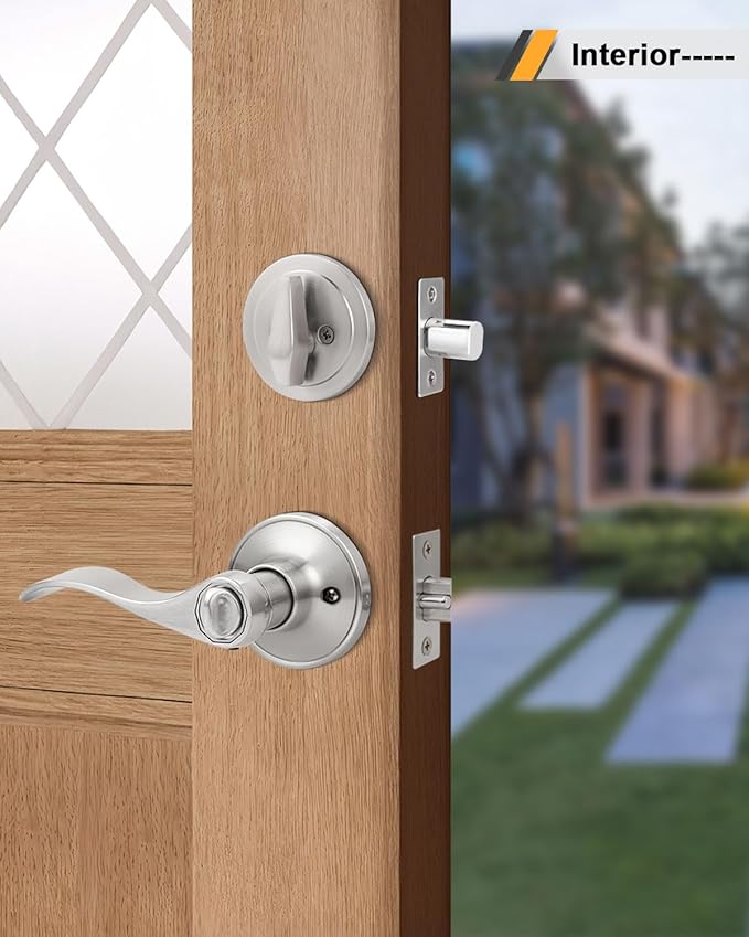 Gobrico Satin Nickel Keyed-Alike Door Levers and Single Cylinder Deadbolts Combination Sets Front Door Locksets, with Same Key, Locking Handle with Deadbolt Same Key, 2Pack