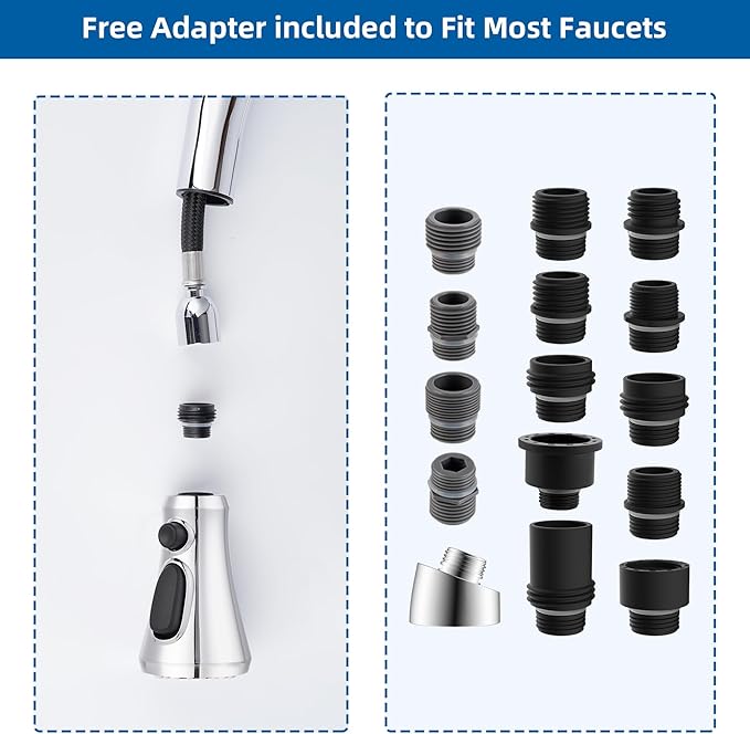 Hibbent Pull Down Kitchen Faucet Head Replacement, NSF/ANSI/CAN 61 & CUPC Certified 3-Function Sink Spray Nozzle with 15 Adapters Compatible with Moen, Delta, Kohler Faucets, Chrome