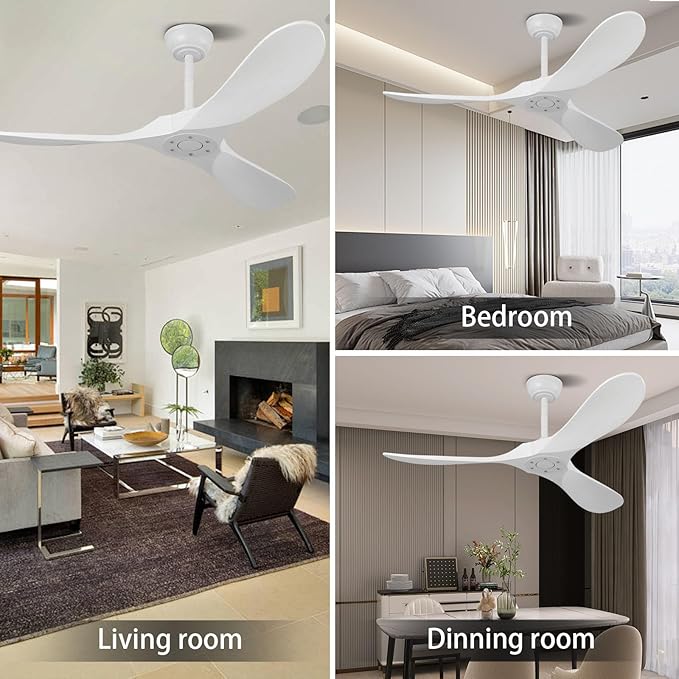 52" White Outdoor Ceiling Fan No Light,Solid Wood Modern Ceiling Fans Without Lights, Quiet High Cfm Energy Efficient 3 Blade Farmhouse Patio Dc Motor Rustic Exterior Large Living Room Ceiling Fan