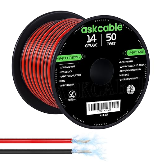 14 Gauge Wire, 14 AWG Electrical Wire Cable, 2 Conductors Red Black Wire, Copper Clad Aluminum(CCA) Flexible PVC Extension Cord for Speaker, Hookup LED Strips, Automotive 12V/24V DC (50FT)