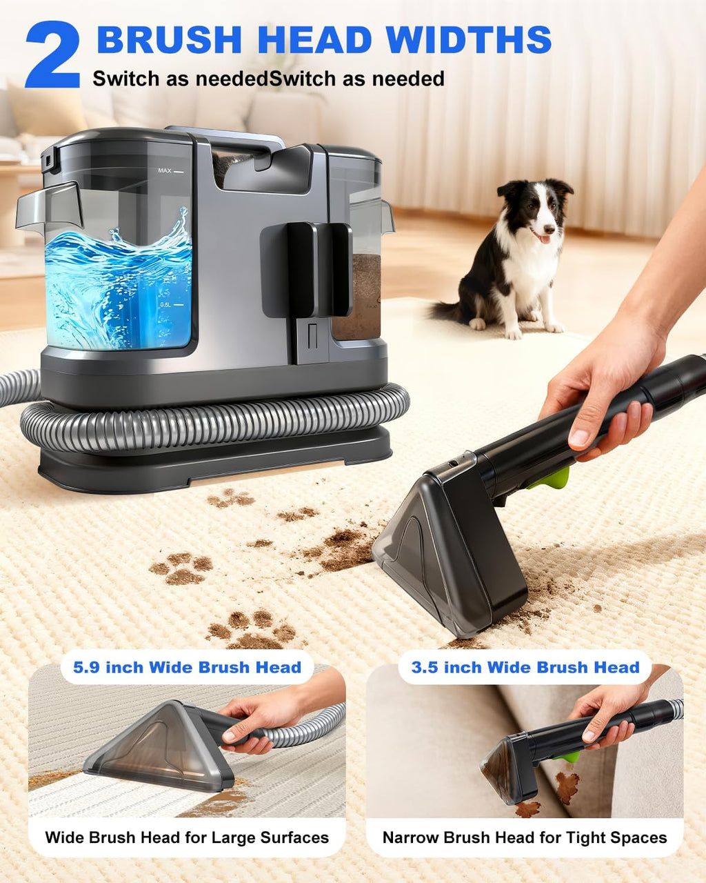 Portable Carpet Cleaner Machine,Carpet & Upholstery Cleaner Machine,15KPA Portable Small carpet Cleaner with Powerful Suction,Handheld Carpet Cleaner with 3 Brushead,portable Carpet cleaner for Pets