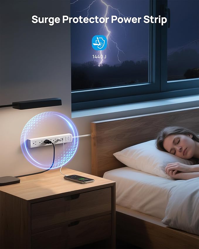 TROND 360° Rotating Plug Surge Protector Power Strip, 2 USB C and 2 USB A, 5 Widely Spaced Outlets, 1440J Surge Protection, Wall Mountable, Flat Cord Extension Cord 10ft for Home Office Dorm, White