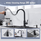 WEWE Black Kitchen Faucet with Soap Dispenser, Kitchen Sink Faucet with Pull Down Sprayer 3 Modes Stainless Steel Single Handle Single Hole Pull Out Matte Black Faucet for Bar Laundry RV Utility Sink