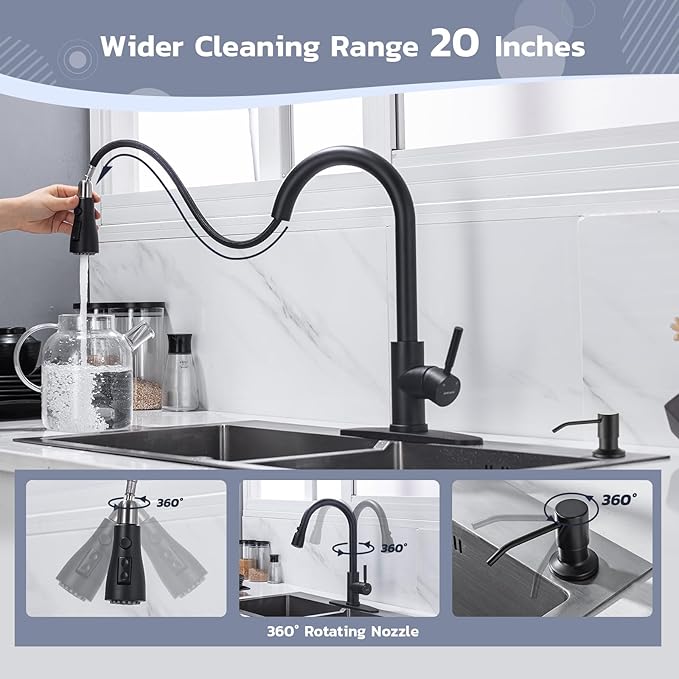 WEWE Black Kitchen Faucet with Soap Dispenser, Kitchen Sink Faucet with Pull Down Sprayer 3 Modes Stainless Steel Single Handle Single Hole Pull Out Matte Black Faucet for Bar Laundry RV Utility Sink