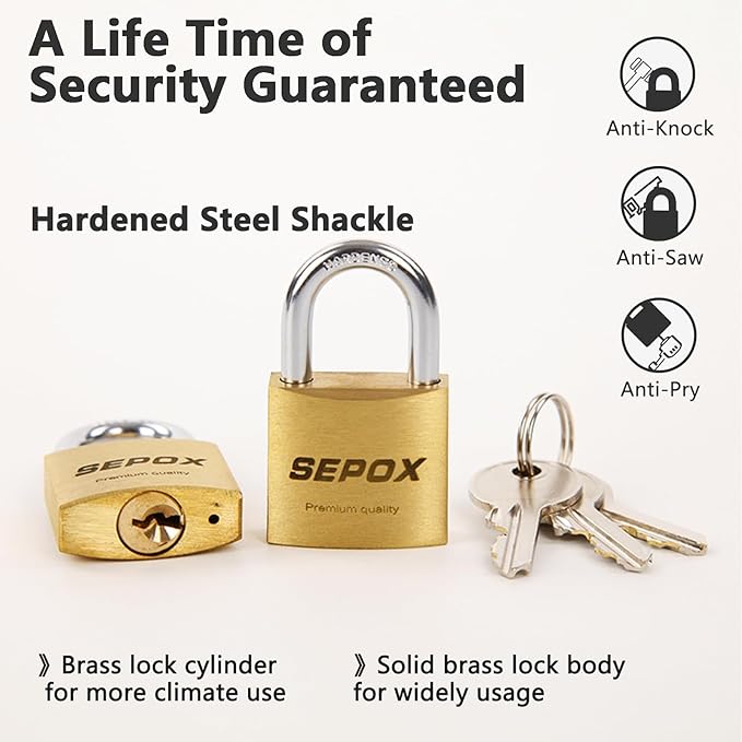 SEPOX® 36 Pcs Pack Solid Brass Padlock with Same Keys 48 Pcs, Heavy Duty & Compact Waterproof Body 40mm 1-9/16",Small Lock & Key with Big Handle, Keyed Alike for School Gym Locker, Hasp, Tool Box