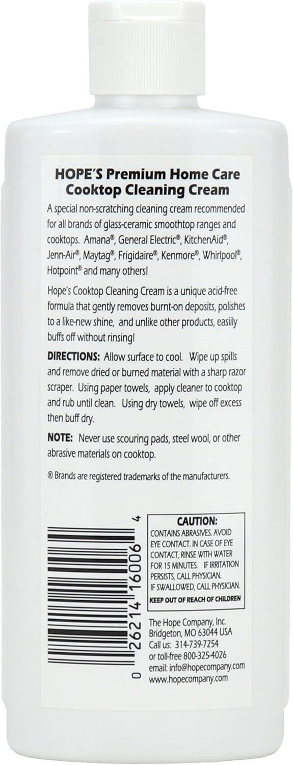 HOPE'S Cooktop Cleaning Cream, Fast Acting No-Rinse Cooktop Cleaner for Glass Ceramic Cooktops and Stoves, Removes Burnt-on Stains, 10 Oz Net Weight (8 Fl Oz), Pack of 1