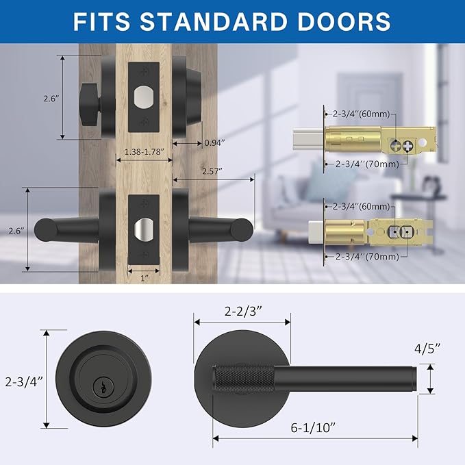 Amerdeco Front Door Lock Set with Double Cylinder Deadbolt, Black Exterior Entry Door Lever, Heavy Duty Entry Door Locksets for Left or Right Hand Exterior Door（Black 1 Pack）