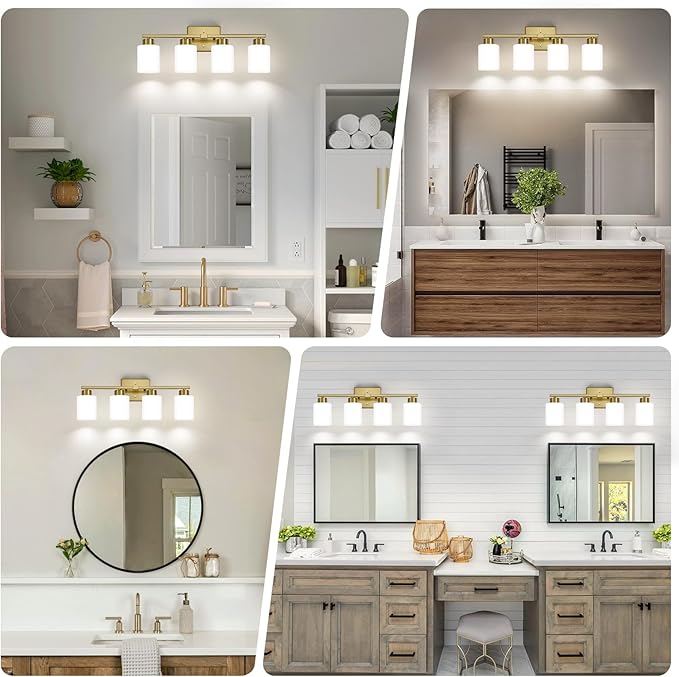 Brushed Gold Bathroom Light Fixtures, 4-Light Modern Vanity Light Over Mirror, Wall Sconces with Milky White Frosted Glass Shades, E26 Socket (Bulbs Not Included)
