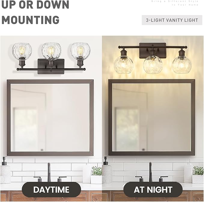 zeyu Farmhouse 3 Light Vanity Lighting, 21.4'' Bathroom Mirror Wall Light, Oil Rubbed Bronze Finish with Clear Hammered Globe Glass, ZJF63BG-3W ORB-WG