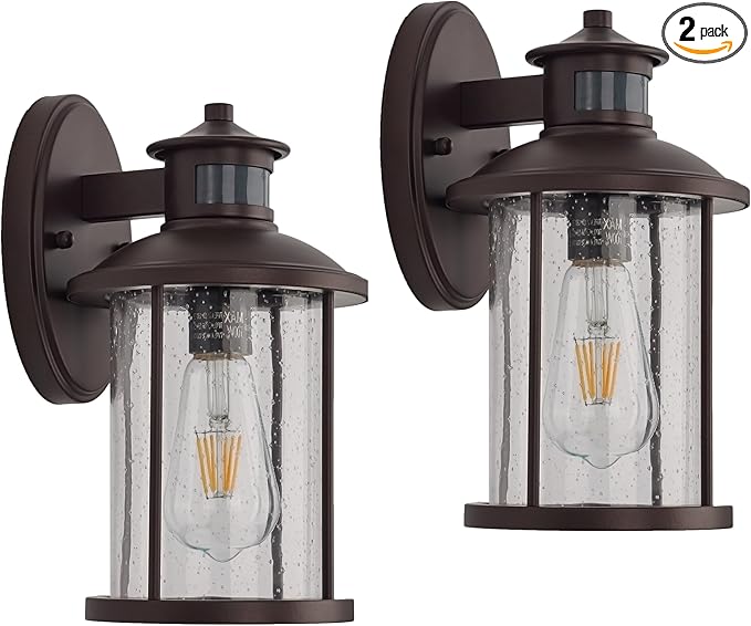 MICSIU 11.5 Inch Motion Sensor Exterior Wall Sconce 2 Pack, Dusk to Dawn Outdoor Lighting with Clear Seedy Glass, Oil Rubbed Bronze Outside Lights for Porch, Garage, Doorway, Pathway.