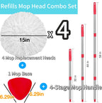 4 Pack Spin Mop Replacements Heads Compatible for O ceda EasyWring 1 Tank System, Microfiber Mops Head Refills , 1 Triangle Head Base and 30-58in Handle Set Combo