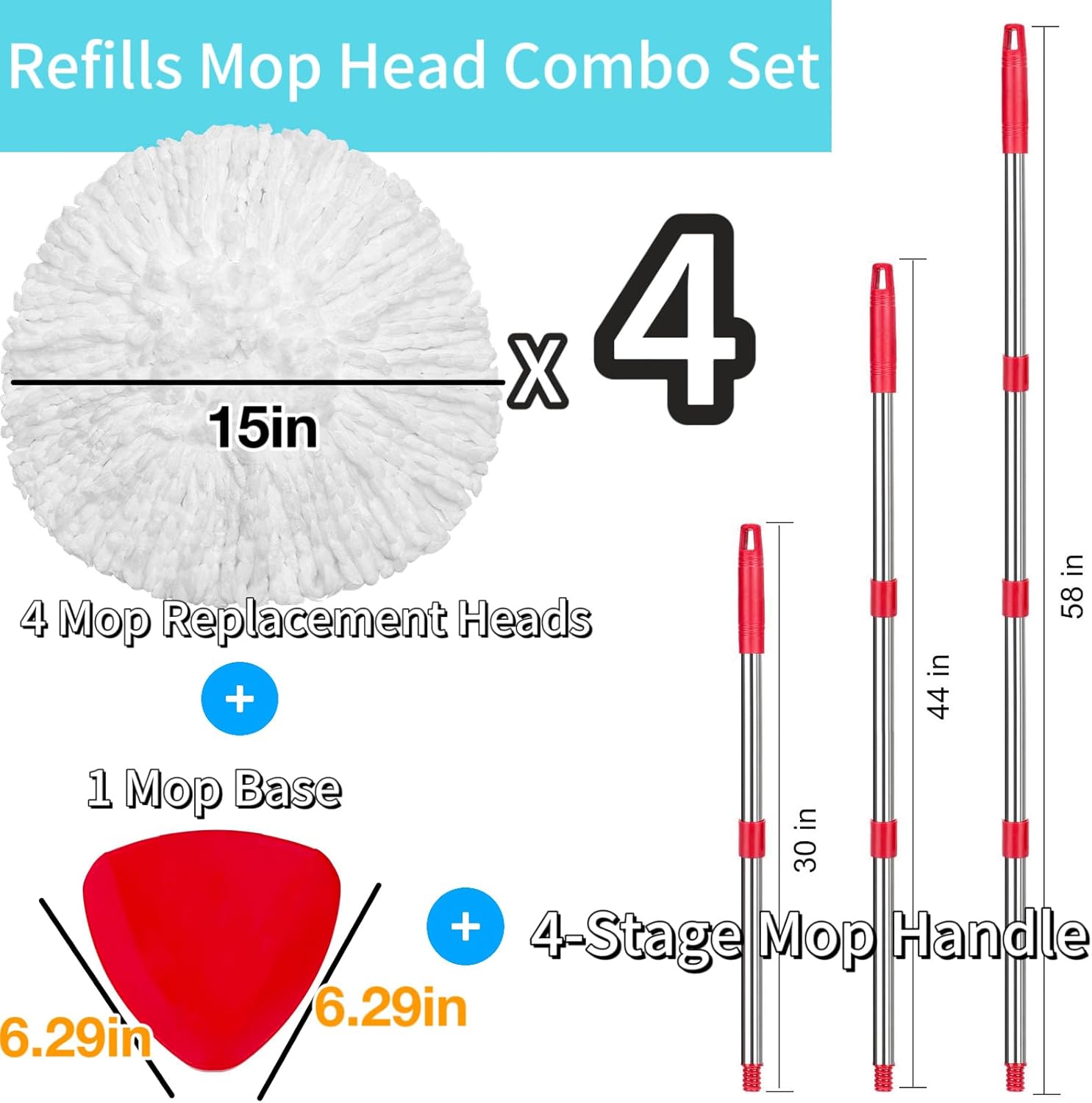 4 Pack Spin Mop Replacements Heads Compatible for O ceda EasyWring 1 Tank System, Microfiber Mops Head Refills , 1 Triangle Head Base and 30-58in Handle Set Combo