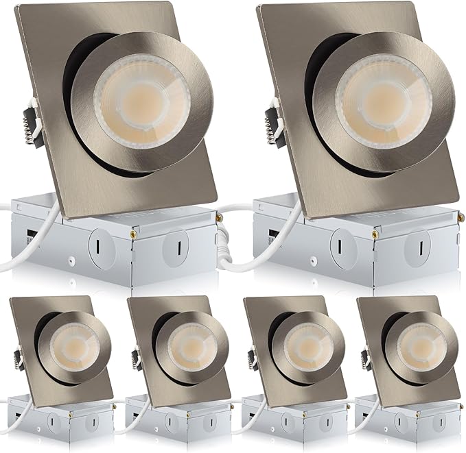 Square Brushed Nickel Recessed Lighting 4 Inch 6 Pack, Ajustable Eyeball recessed Light with Junction Box,5 Color Selectable,Airtight,9W 750LM,Dimmable,Brushed Nickel