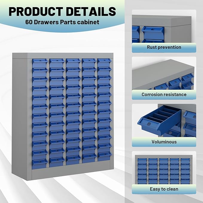 60 Drawer Tool Storage Cabinet with ABS Drawers, Bolt and Nut Organizer Parts Box, Hardware Shelving Unit for Garage and Workshop