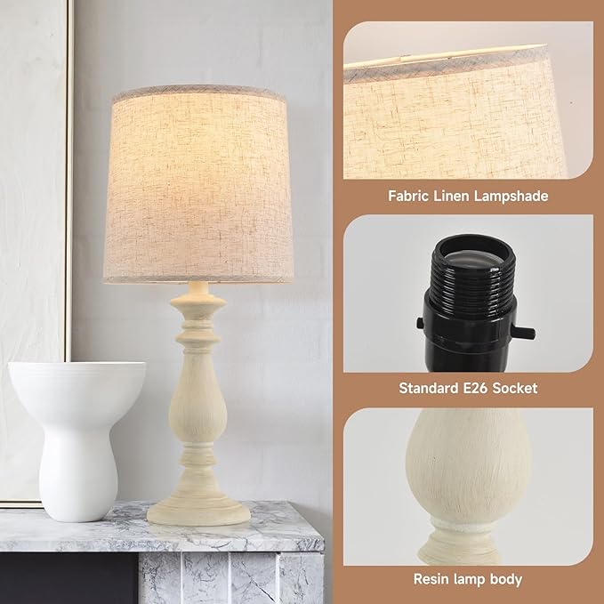 Lamps Set of 2 Vintage Rustic Farmhouse Table Lamps Bedside Reading Lamp Bedroom Nightstand Living Room Teapoy Lamp, Desk Light, 22 Inch High, White Wash, with Fabric Shade, Bulb Not Included