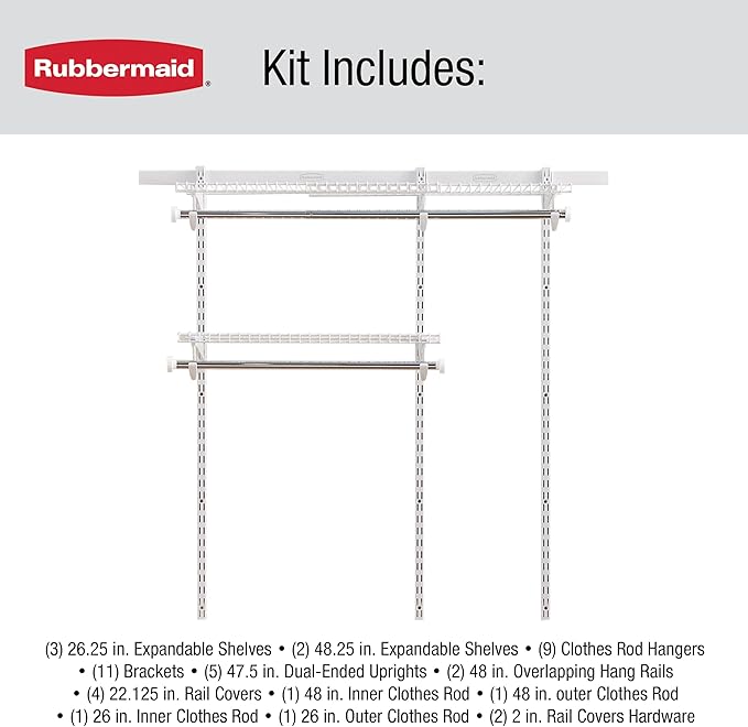 Rubbermaid Configurations Custom Closet Kit 3-6 Ft. Adjustable Metal Wire Shelving White Finish Expandable Organization System Hardware Included for Home Closet/Pantry/Laundry/Mudroom