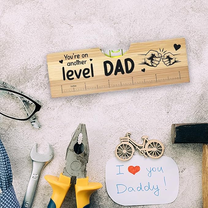 Christmas Gifts for Dad from Daughter Son, Best Stepped Up Dad Gifts for Father, Funny Birthday Fathers Day Valentines Gift for Stepdad Wooden Spirit Level A4
