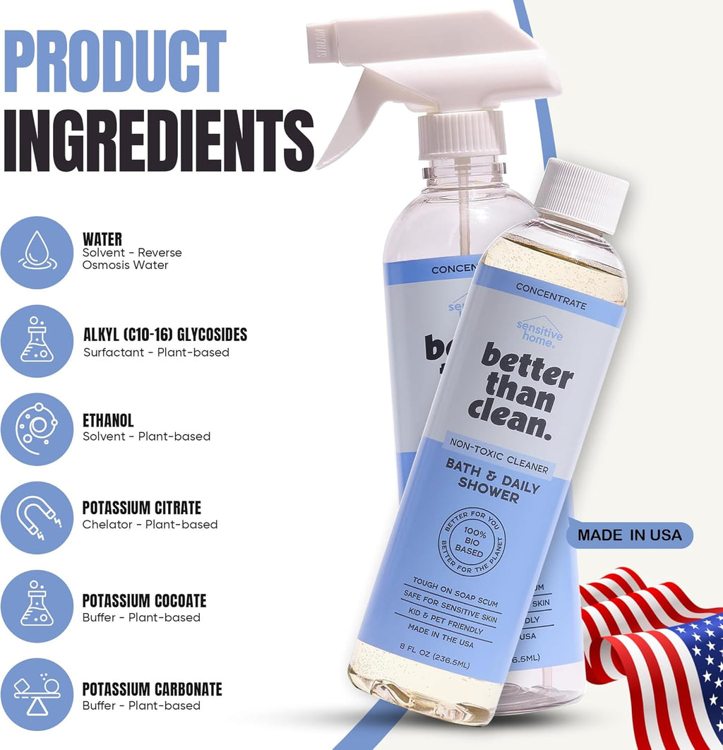 Better Than Clean™ Bath and Shower Cleaner Starter Pack – Fragrance Free, Plant-Based, Non-Toxic, Bathroom Cleaner with 8oz Concentrate & 16oz Empty Refillable Spray Bottle