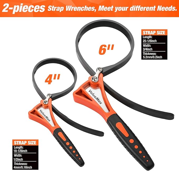 ValueMax 2-piece Strap Wrench Set, Adjustable Oil Filter Wrench with Max Diameter 4" (Small) and 6"(Large) for Shower Head Water Filter, Jar Opener Set