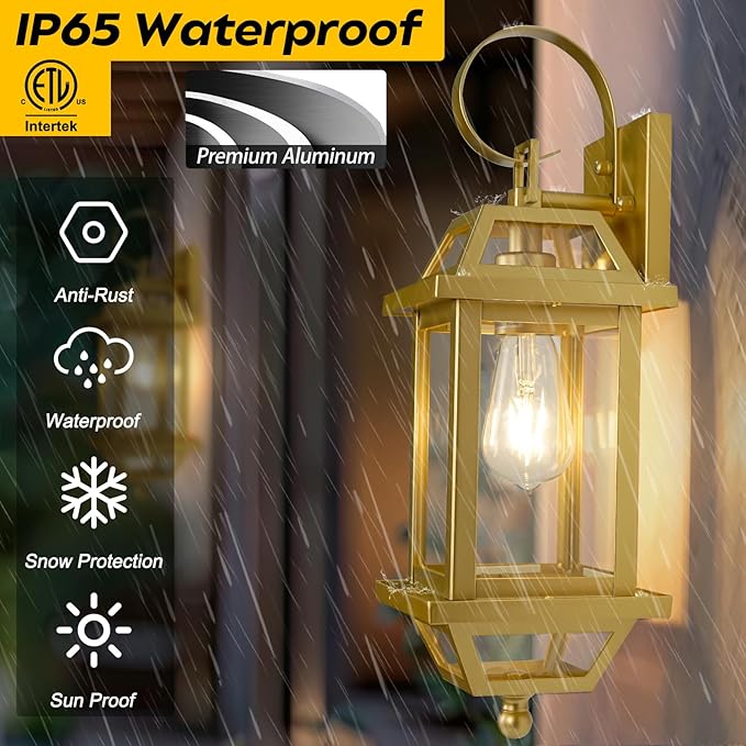 Gold Porch Light 2-Pack, Rustic Outdoor Wall Sconces with Clear Glass, 18' Enclosed Bottom Aluminum Exterior Wall Sconces for Exterior House ETL Listed