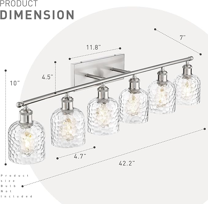 zeyu 6-Light Bathroom Wall Light Fixture, 42 Inch Modern Nickel Vanity Lighting Fixtures for Bedroom, Brushed Nickel Finish with Clear Hammered Glass, ZJF63B-6W BN