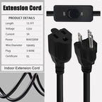 Black Extension Cord with Switch On/Off,13.1 FT Indoor Power Cord, 3 Prong Grounded Plug, Insulated & Flame Retardant 125V 375W, UL Listed