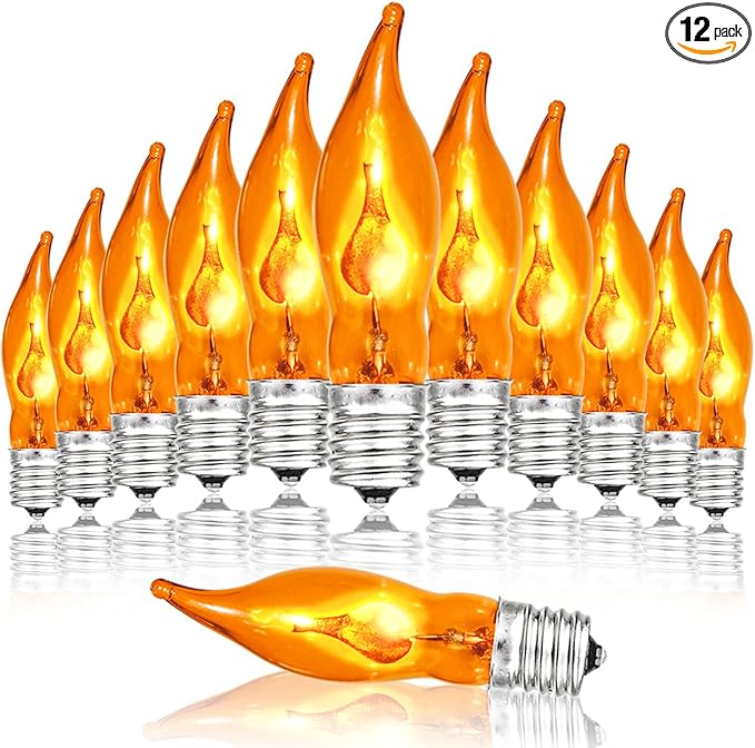 12 Pack C7 Orange Flickering Flame Light Bulbs, 1W 120V E12 Flame Replacement Bulbs for String Lights, Great for Indoor Outdoor Patio Garden Home Party Christmas Halloween Decorations