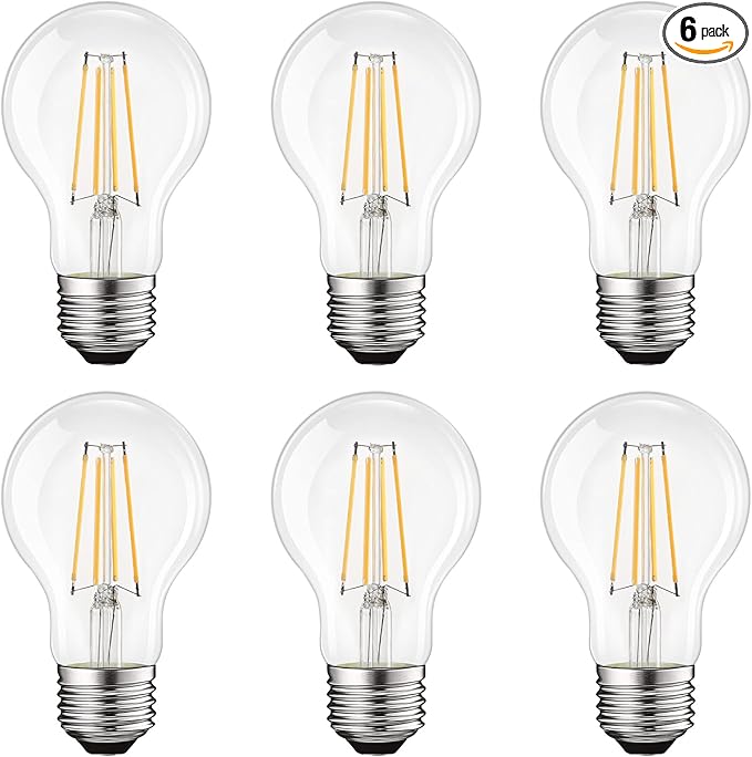 LUXRITE Vintage A19 LED Light Bulbs 60W Equivalent, 3500K Natural White Dimmable, 800 Lumens, Standard LED Edison Bulb 8W, UL Listed, E26 Base (6 Pack)