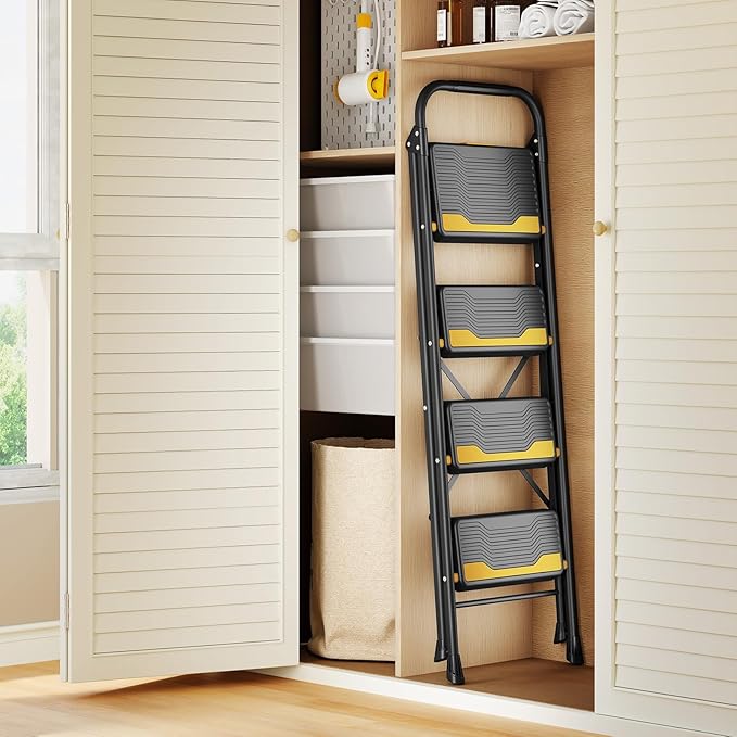 4 Step Ladder, Heavy-Duty Pass 800lb Capacity Test, Wide Anti-Slip Steps & Secure Handrail Compact, Folding Step Stool Portable Design for Home, Kitchen, Office, Pantry, Closet Use, Black