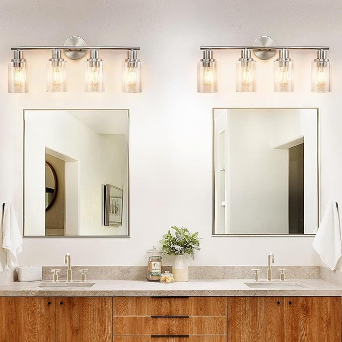 DLLT 4-Light Bathroom Light Fixtures: Nickel Modern Vanity Lights with E26 Bulbs - Clear Glass Shade Bathroom Wall Lamp for Mirror Kitchen Living Room Hallway Cabinet Porch