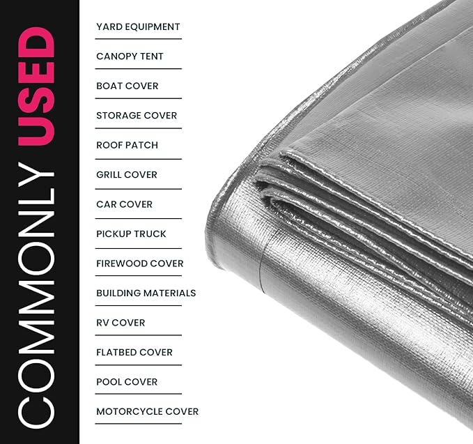 PROTARP Extreme Heavy Duty 22 Mil Tarp Cover, Waterproof, UV Resistant, Rip and Tear Proof, Poly Tarpaulin with Reinforced Edges for Roof, Camping, Patio, Pool, Boat. (Silver/Black 24′ X 64′)