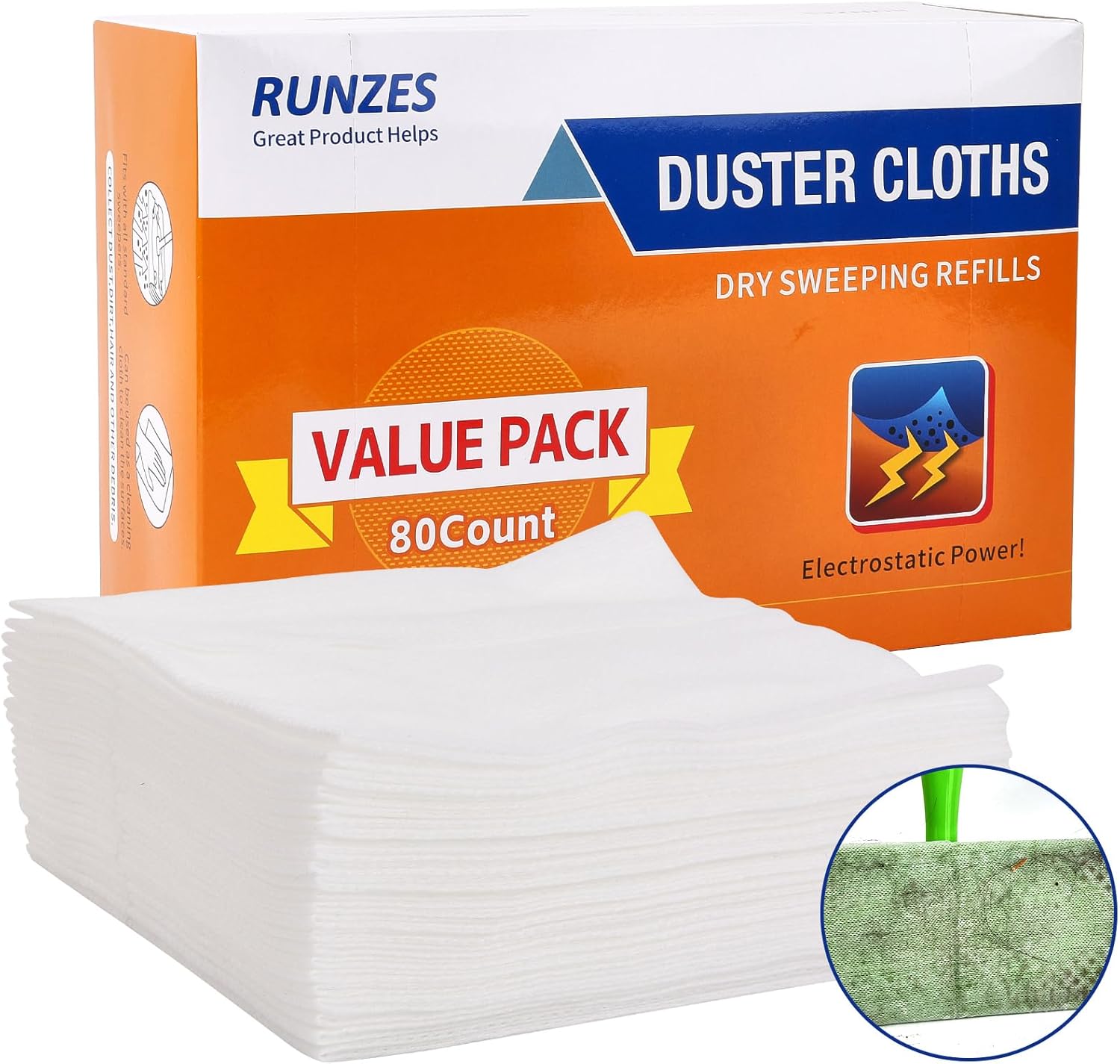 Runzes Dry Sweeping Refills 80Count Mop Pads Duster Cloths White Disposable Cleaning Cloths to Clean Dust,Hair,Dirt
