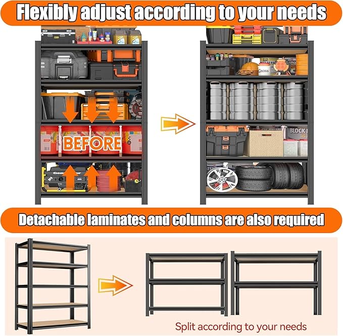 Garage Shelving, 2000LBS Garage Shelving Heavy Duty, Adjustable and Detachable Metal Storage Shelves with Fences, Easy Assembly, Shelves for Warehouse,Basement (35.4" W*15.7" D*72" H)