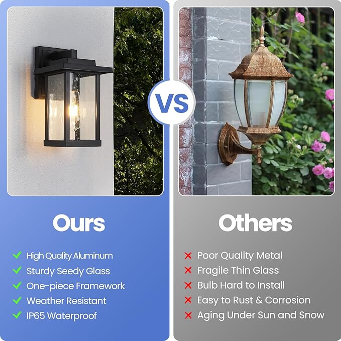 Black Exterior Light Fixtures 2 Pack, Farmhouse Outdoor Wall Sconce, Modern Front Porch Light with Seeded Glass for House Patio Garage Entrace