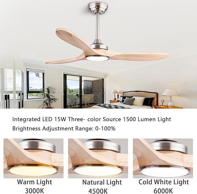 42" Wood Ceiling Fans with Lights and Remote Control,Indoor Outdoor 3 Blades Wooden Ceiling Fan for Garage,Patio,Living Rooms,Bedrooms,Offices,Farmhouse(Nickel+Raw wood)