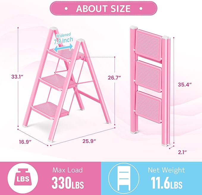GameGem Pink Step Ladder 3 Step Folding, Small Step Stool for Women to Reach Higher Places, Widen 7.9Inch Pedal for Comfortable Use, Anti-Slip Foot for Safe Use, Sturdy and Fold Thin, 330Lbs Load