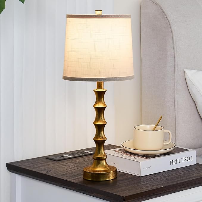 Gold Table Lamp 24" Nightstand Lamps Set of 2 Bamboo Shape Base Metal Desk Lamps with Linen White Shade Bedside Nightlight with USB A+C Ports Rustic Buffet Lamp for Living Room Bedroom