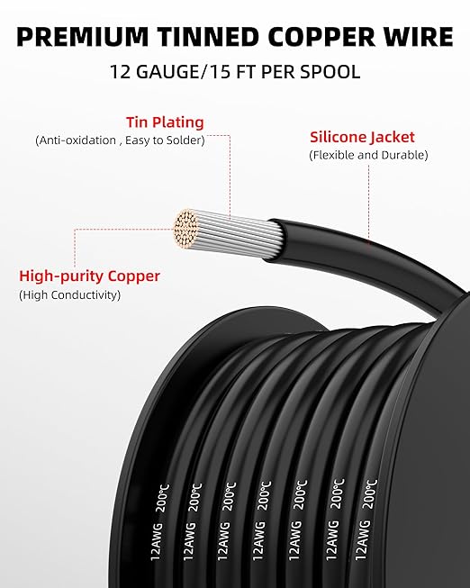 NAOEVO 12 Gauge Wire 180ft, 12 AWG Wire 6 Colors 30ft Each Spool, Flexible Silicone Tinned Copper Electrical Cable, Wiring kit for Breadboard/Automotive/DIY/Battery, 200℃