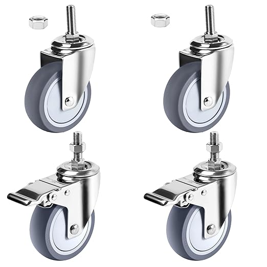 Stainless Steel Caster Wheels 4 inch, 3/8"-16x1 Threaded Stem Locking Casters Set of 4, Non-Marking Slient TPR Rubber Wheels for Furnitures,Restaurants,Labs,Hospital