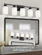 DORESshop 5-Light Black Bathroom Light Fixture Over Mirror with Milk Glass Shade, Modern Vanity Lights for Hallway Living Room Bedroom, ETL Listed