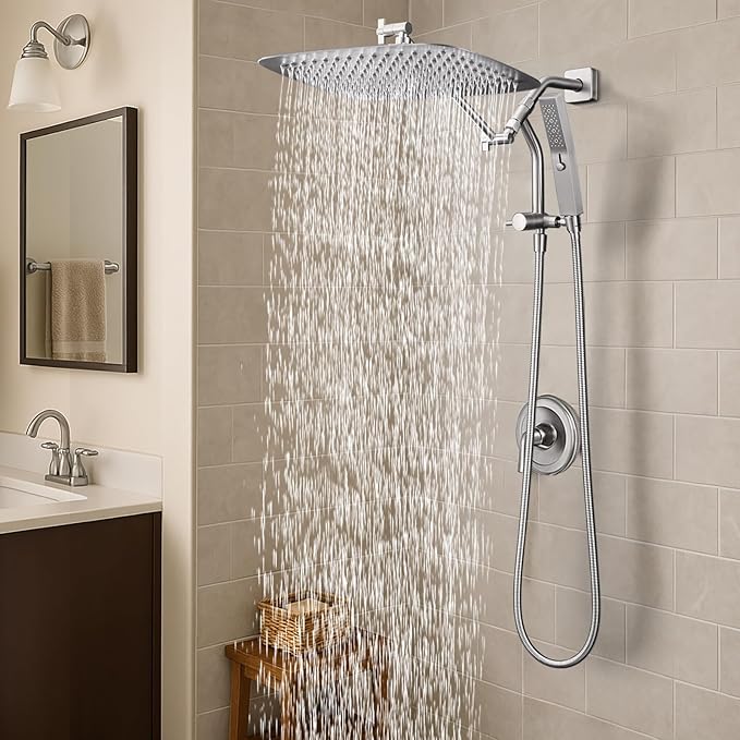 G-Promise All Metal 16 Inch Shower Head with Massage Mode Handheld, Rain Shower Head with Handheld Spray Combo, 3-Way Diverter with Pause Setting, 12 Inch Adjustable Extension Arm (Brushed Nickel)