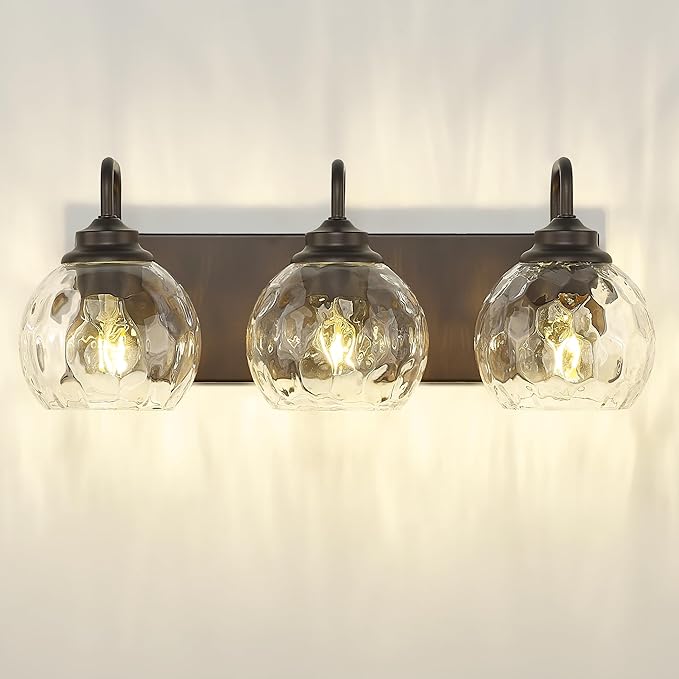 zeyu Bathroom Light Fixtures, 3-Light Bathroom Vanity Light, 20 Inch Modern Wall Sconces with Water Ripple Globe Shade, Oil Rubbed Bronze Finish, ZSL72BG-3W ORB-WG