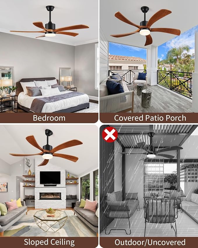60 Inch Ceiling Fans with Lights Remote Control, Modern Ceiling Fan 5 Blades Wood Fan for Outdoor, 3 Downrods, ETL Listed, Timer, 6 Speeds Reversible Quiet Dc Motor for Patios, 60in Yellow Walnut