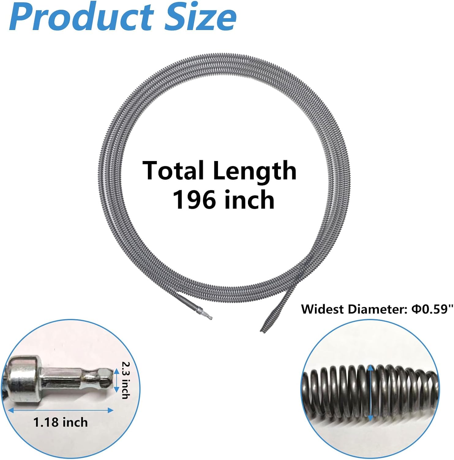 Drain Snake, Spring Drain Clog Remover with Electric Drill Connector, Durable Metal Drain Hari Cleaner Tool for Shower Kitchen Sink Bathroom Toilet Clogged Unclogger,1 Pcs 196.8 Inch 16.4 FT